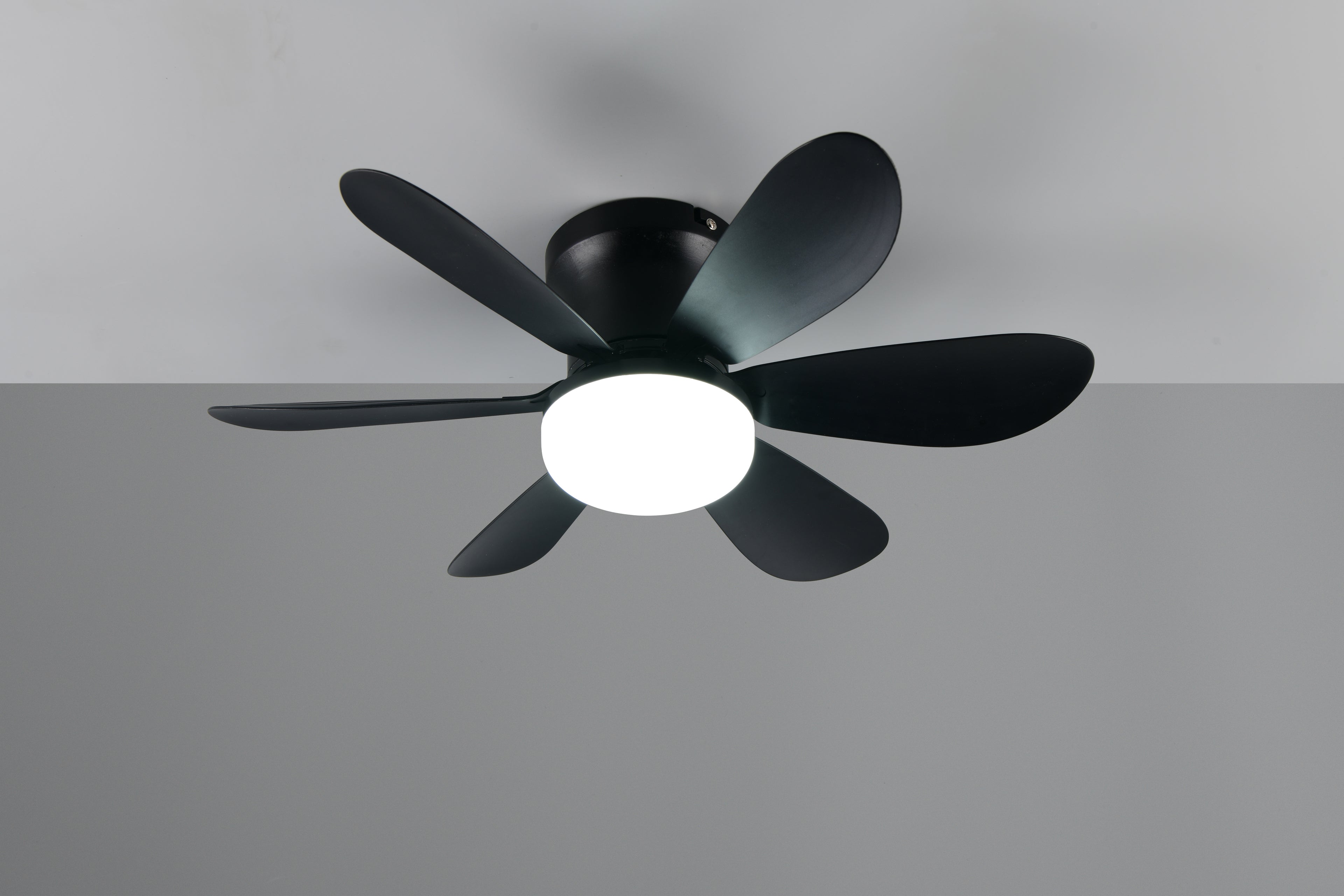 Ventilador de Techo LUND de Trio Lighting (Lund (NEGRO)) en color Negro Mate con seis aspas y luz central, vista frontal - Ref R67462132 luz fria encendida