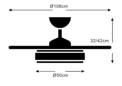 Medidas Ventilador de techo Selina-L de PB Lighting (Ø108cm) Blanco, con luz LED CCT 8000lm, app Fan Lamp Pro y mando - Ref PB70221.

