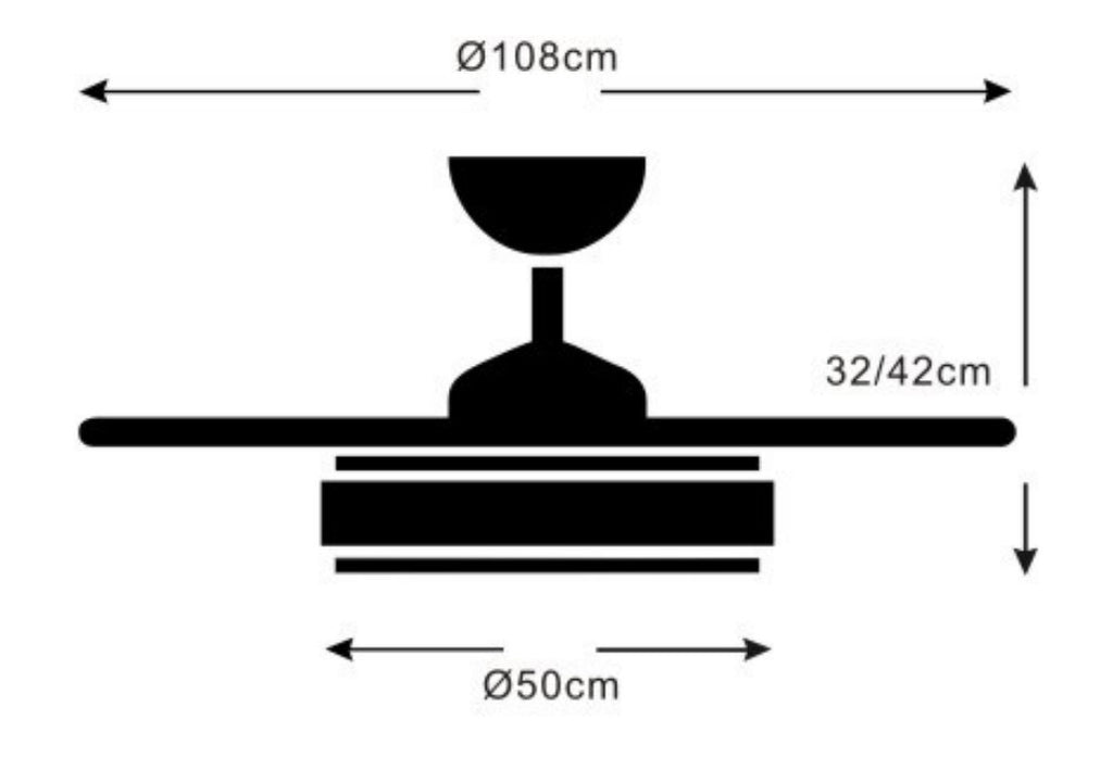 Medidas Ventilador de techo Selina-L de PB Lighting (Ø108cm) Negro, con luz LED CCT 8000lm, app Fan Lamp Pro y mando - Ref PB70224.


