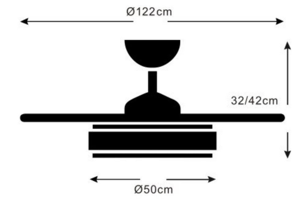 Medidas Ventilador de techo Selina-XL de PB Lighting (Ø122cm) Blanco, con luz LED CCT 8000lm, app Fan Lamp Pro y mando - Ref PB90221.


