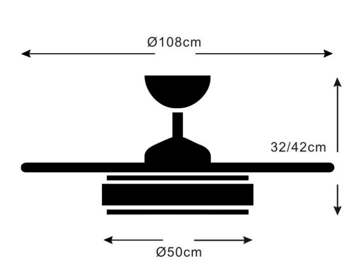 Medidas Ventilador de techo Stella-L de PB Lighting (Ø108cm) en color Blanco, con luz LED dimable CCT, control por app LampSmart Pro y mando - Ref PB50611.

