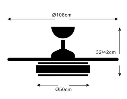 Medidas Ventilador de techo Stella-L de PB Lighting (Ø108cm) en color Blanco, con luz LED dimable CCT, control por app LampSmart Pro y mando - Ref PB50611.

