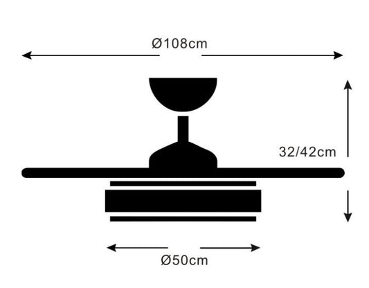 Medidas Ventilador de techo Stella-L de PB Lighting (Ø108cm) en color Blanco, con luz LED dimable CCT, control por app LampSmart Pro y mando - Ref PB50611.

