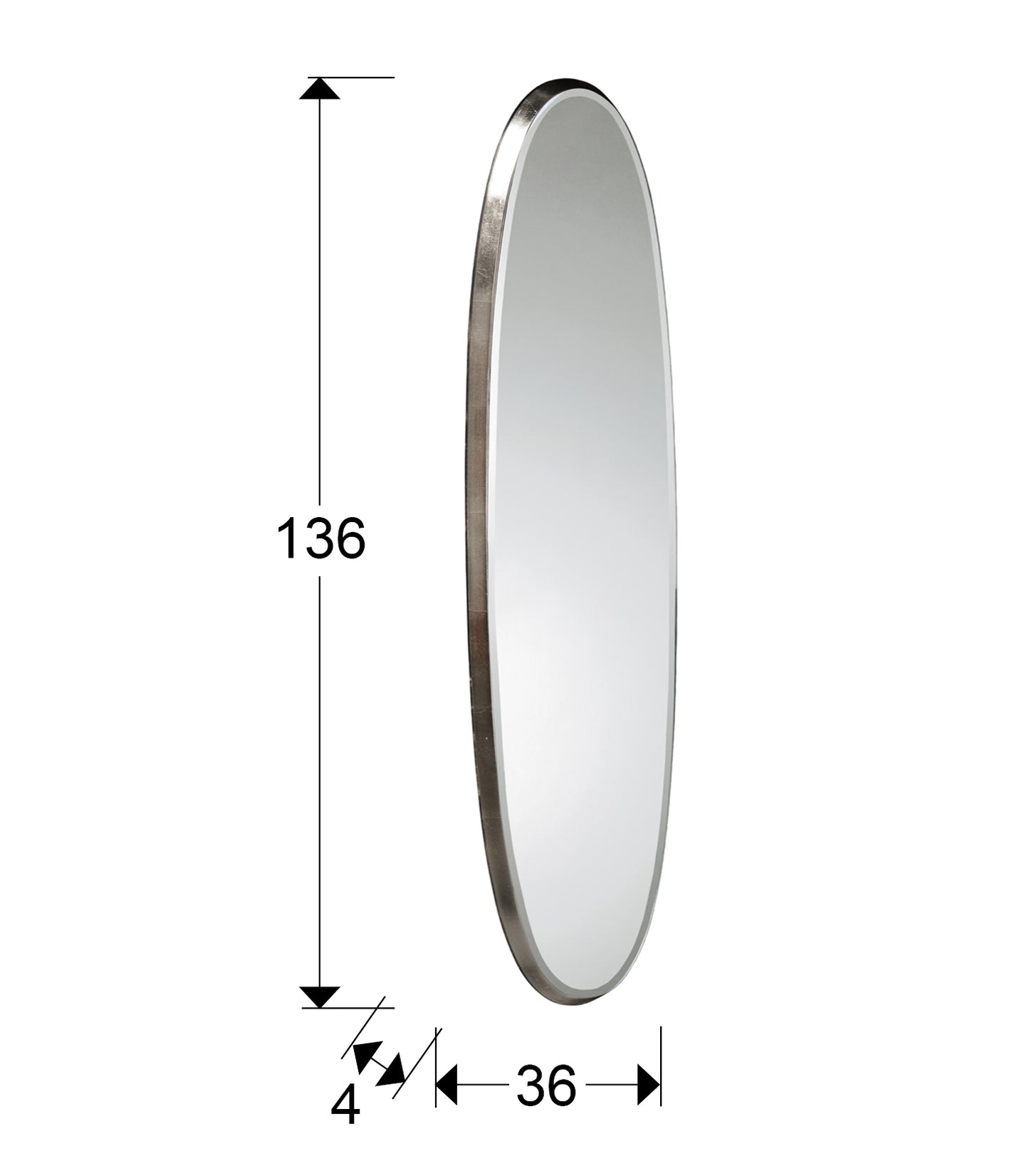 Medidas de Espejo ovalado Aries 136x36 Pan de Plata de Schuller, estilo Art Decó, ideal para decoración del hogar moderno. Fabricado en DM y cristal con acabado en pan de plata.