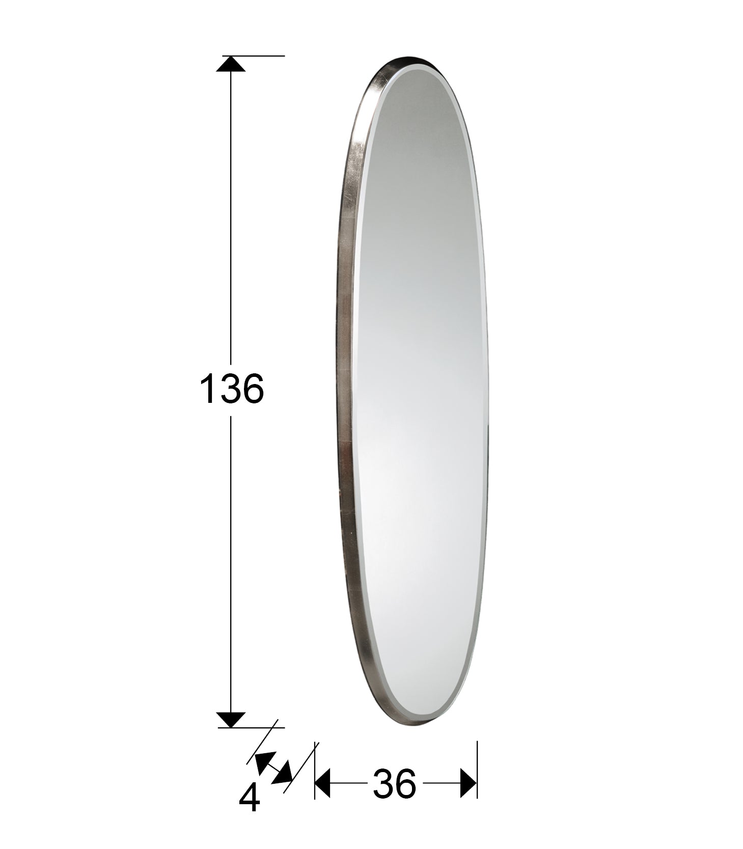 Medidas de Espejo ovalado Aries 136x36 Pan de Plata de Schuller, estilo Art Decó, ideal para decoración del hogar moderno. Fabricado en DM y cristal con acabado en pan de plata.