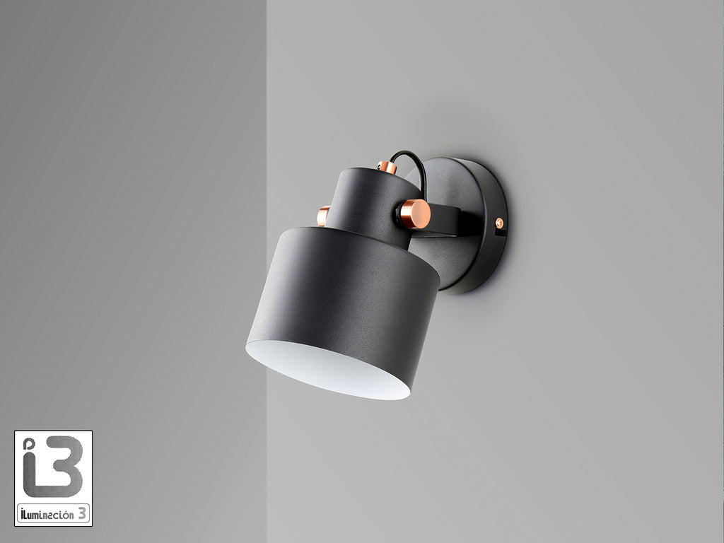 ```
Aplique Erika Negro mate y cobre satinado de Schuller (modelo 12476) para iluminación de pared. Diseño industrial moderno de metal, ideal para interiores.
```