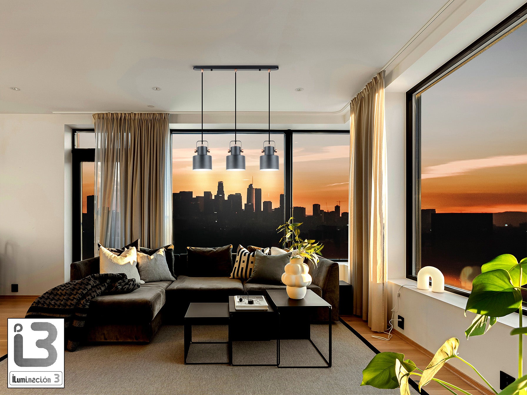 Lámpara de techo Erika 3 luces negro cobre Schuller, ideal para comedor, dormitorio o salón. Diseño industrial moderno con metal bicolor, regulable en altura.