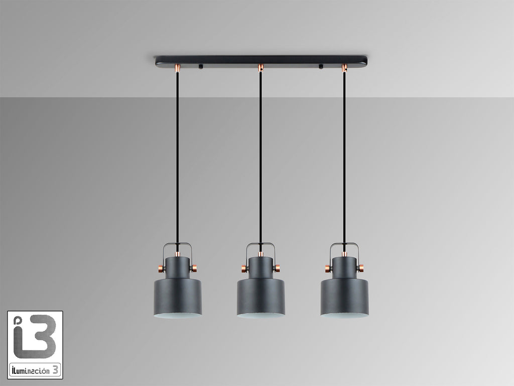 Lámpara de techo Erika 3 luces negro cobre Schuller, colgante industrial moderna para comedor o dormitorio, regulable en altura, metal y diseño nórdico.