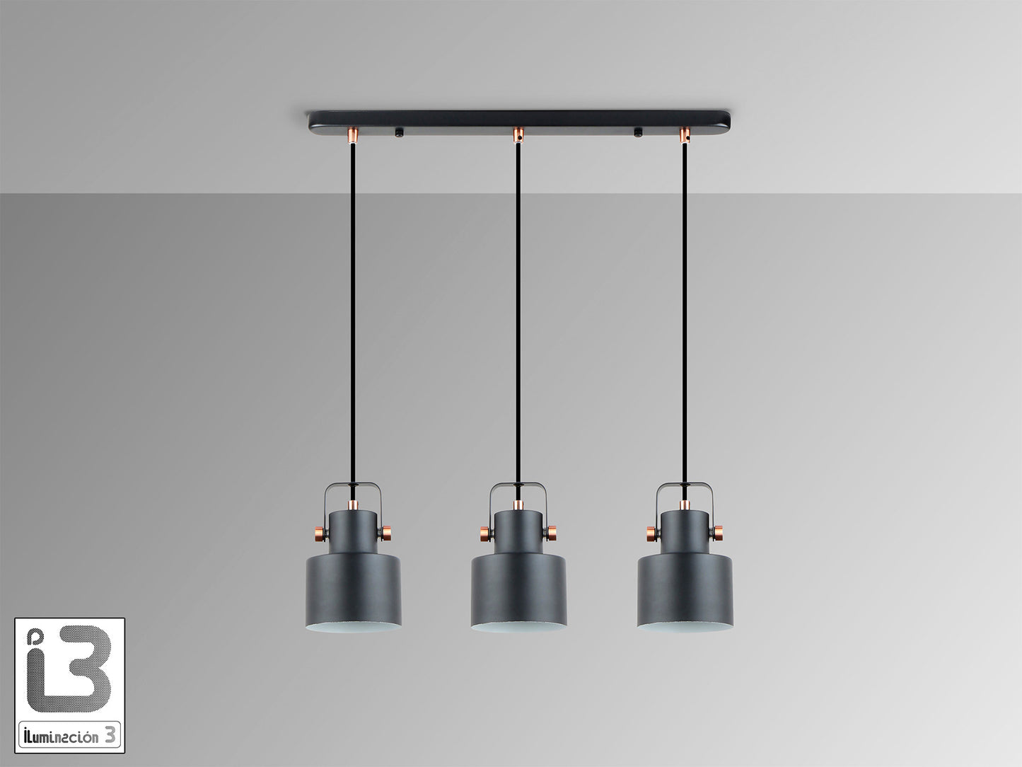 Lámpara de techo Erika 3 luces negro cobre Schuller, colgante industrial moderna para comedor o dormitorio, regulable en altura, metal y diseño nórdico.