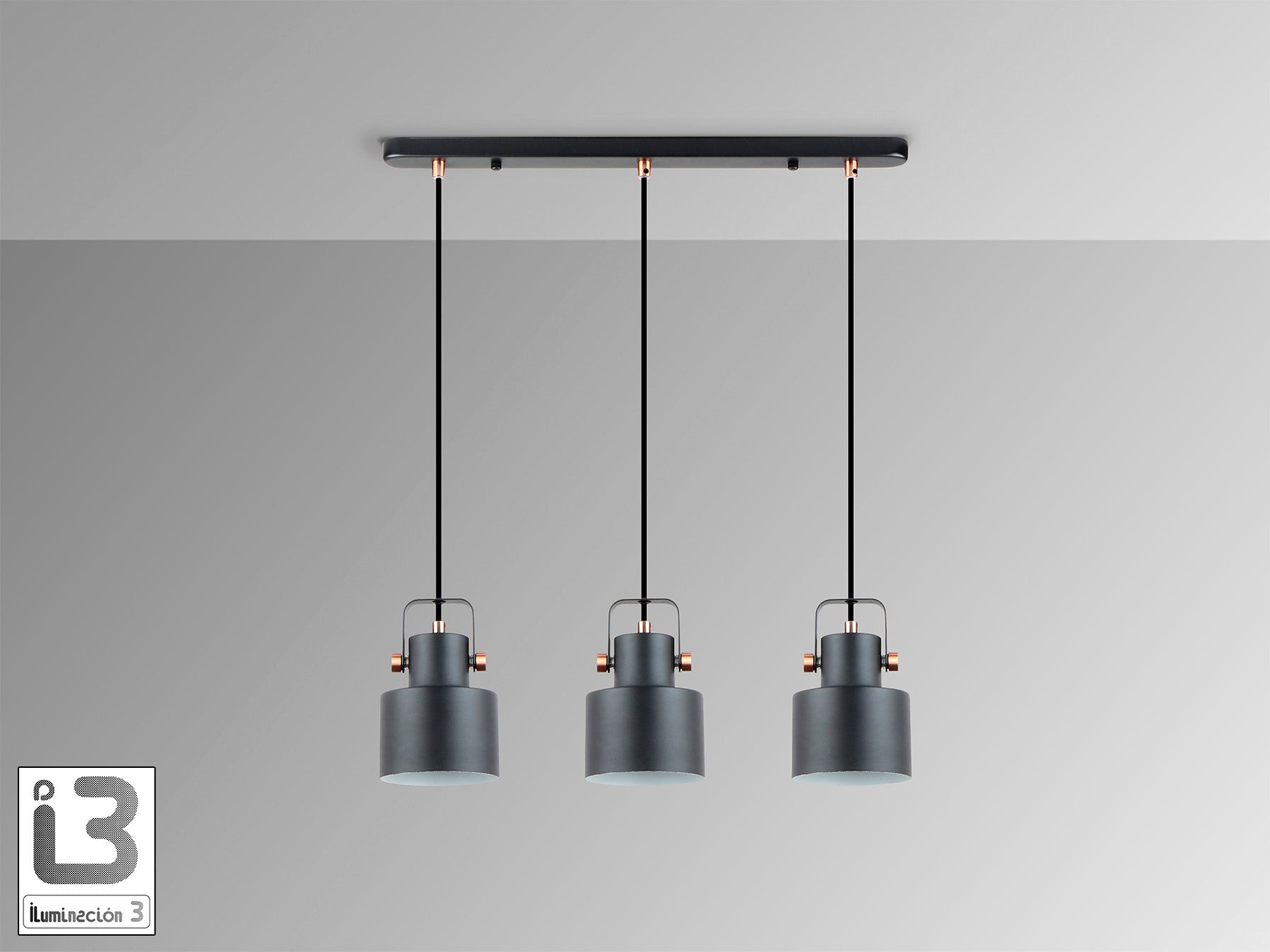 Lámpara de techo Erika 3 luces negro cobre Schuller, colgante industrial moderna para comedor o dormitorio, regulable en altura, metal y diseño nórdico.