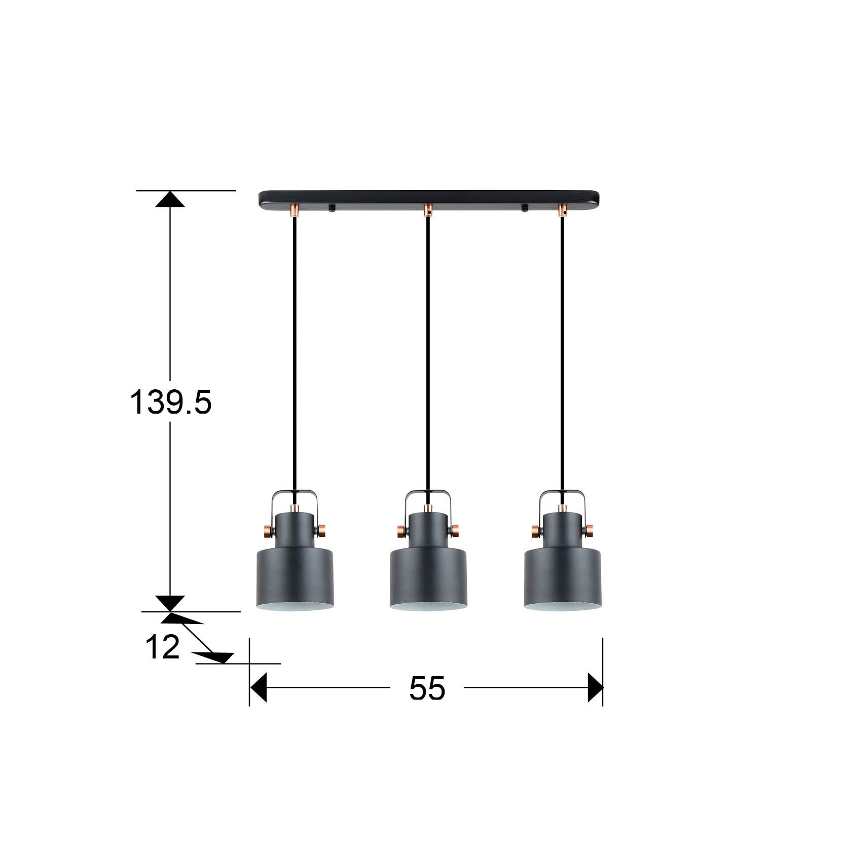 Medidas de Lámpara de techo Erika 3 luces negro cobre Schuller, diseño industrial moderno, ideal para comedor, dormitorio o salón. Lámpara colgante bicolor metal con altura regulable, estilo nórdico. Modelo 12494.