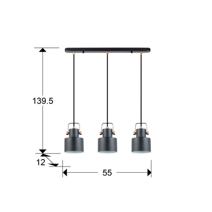 Medidas de Lámpara de techo Erika 3 luces negro cobre Schuller, diseño industrial moderno, ideal para comedor, dormitorio o salón. Lámpara colgante bicolor metal con altura regulable, estilo nórdico. Modelo 12494.