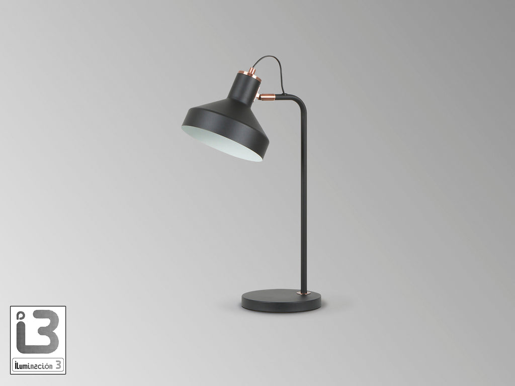 Lámpara de sobremesa Irias negro-cobre de Schuller (12519) - Diseño industrial moderno para dormitorio y salón con detalles en cobre y metal.