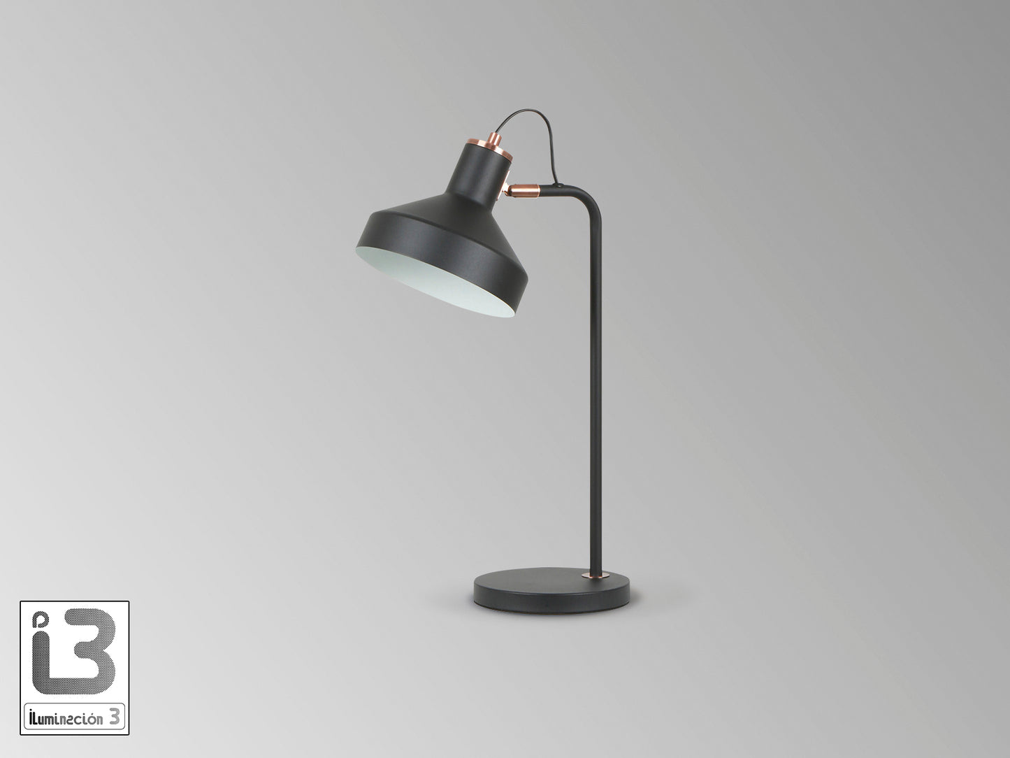 Lámpara de sobremesa Irias negro-cobre de Schuller (12519) - Diseño industrial moderno para dormitorio y salón con detalles en cobre y metal.