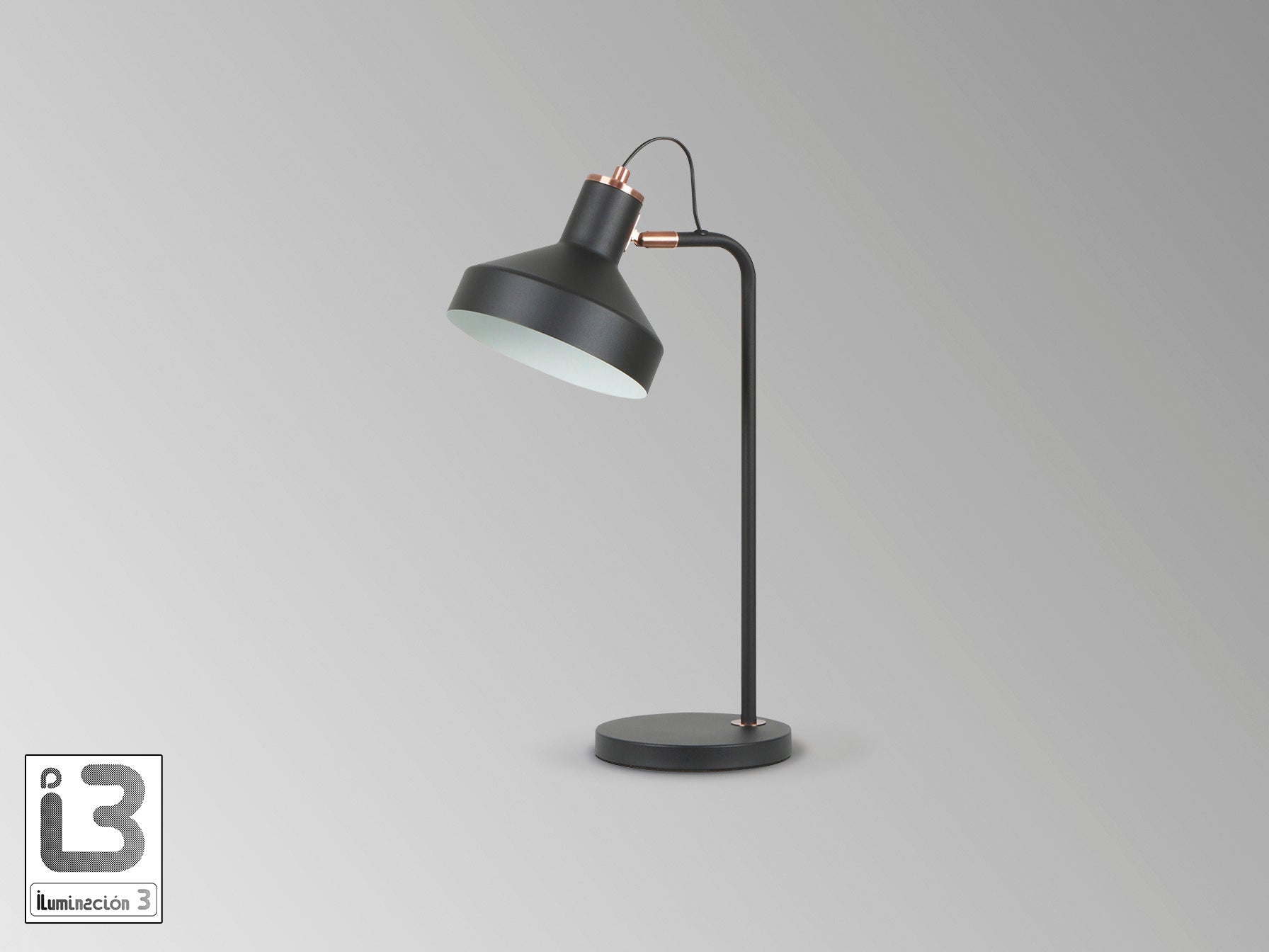 Lámpara de sobremesa Irias negro-cobre de Schuller (12519) - Diseño industrial moderno para dormitorio y salón con detalles en cobre y metal.