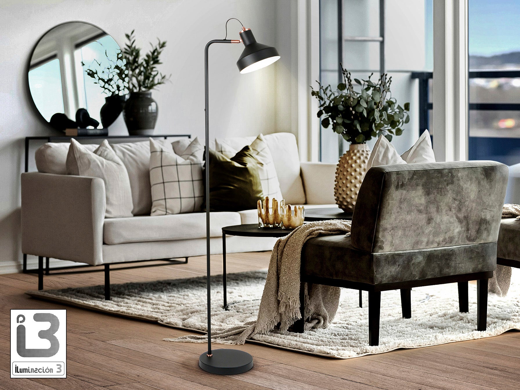 Lámpara de pie Irias negro mate y cobre de Schuller en salón moderno: diseño metálico con detalles en cobre para iluminación interior (12528)