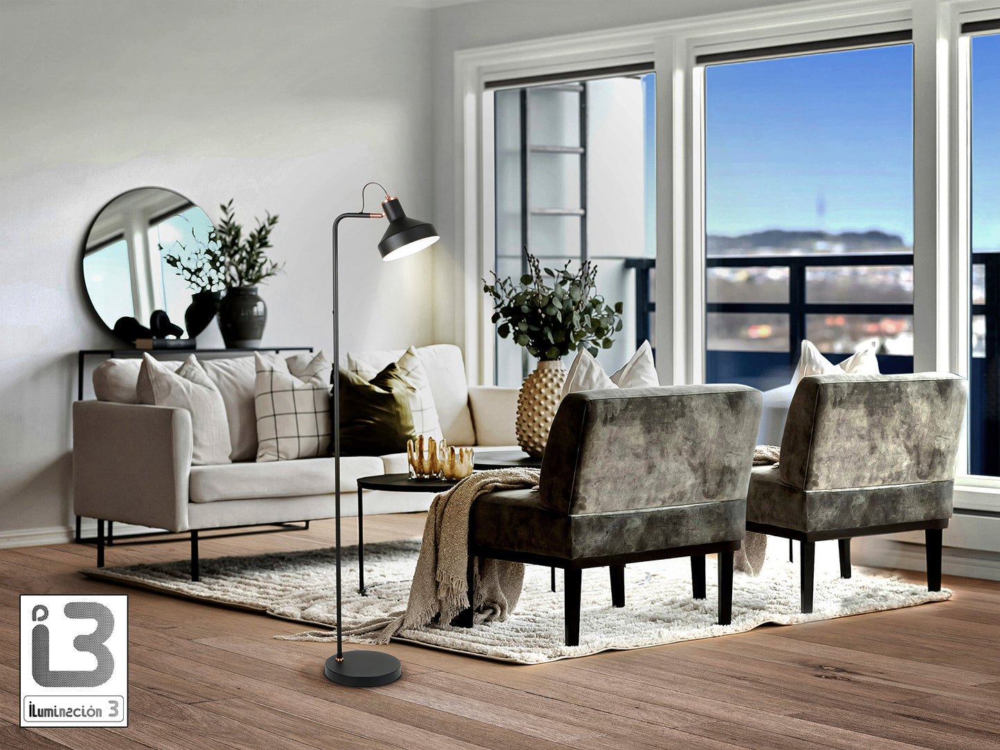 Lámpara de pie Irias negra mate y cobre de Schuller (12528) para salón - Diseño moderno en metal con detalles en cobre y acabado negro.