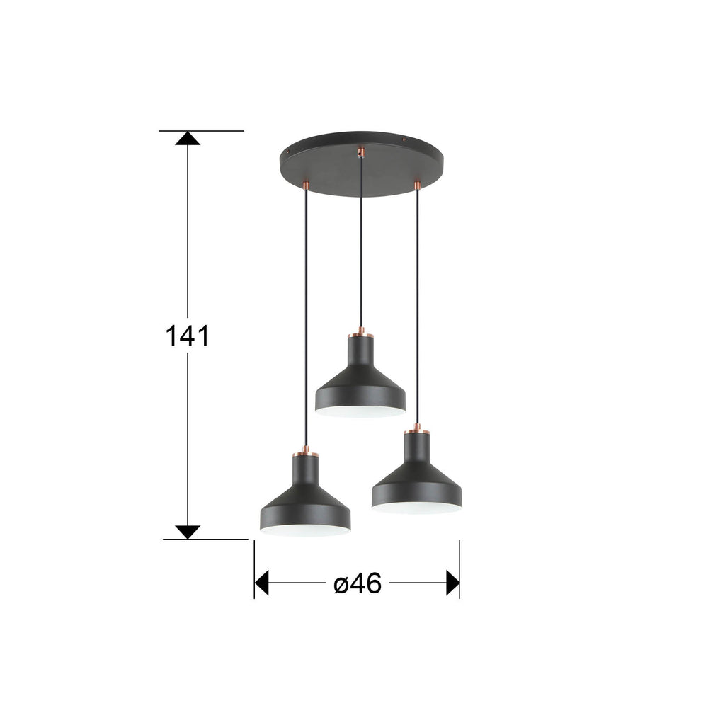 Medidas de Lámpara de techo I3-IRIAS negro cobre de Schuller (12546) colgando en un comedor moderno con altura regulable, estilo industrial.