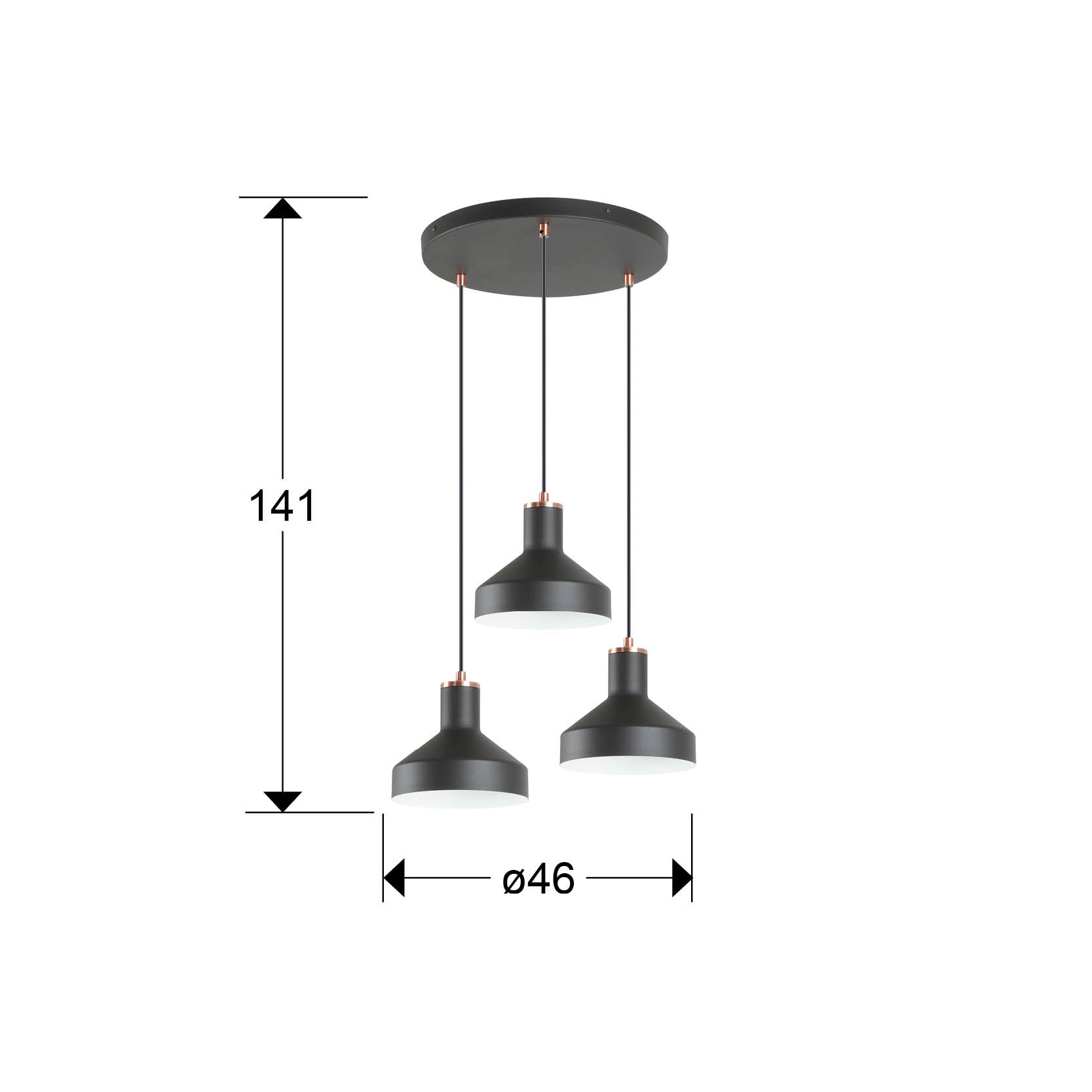Medidas de Lámpara de techo I3-IRIAS negro cobre de Schuller (12546) colgando en un comedor moderno con altura regulable, estilo industrial.