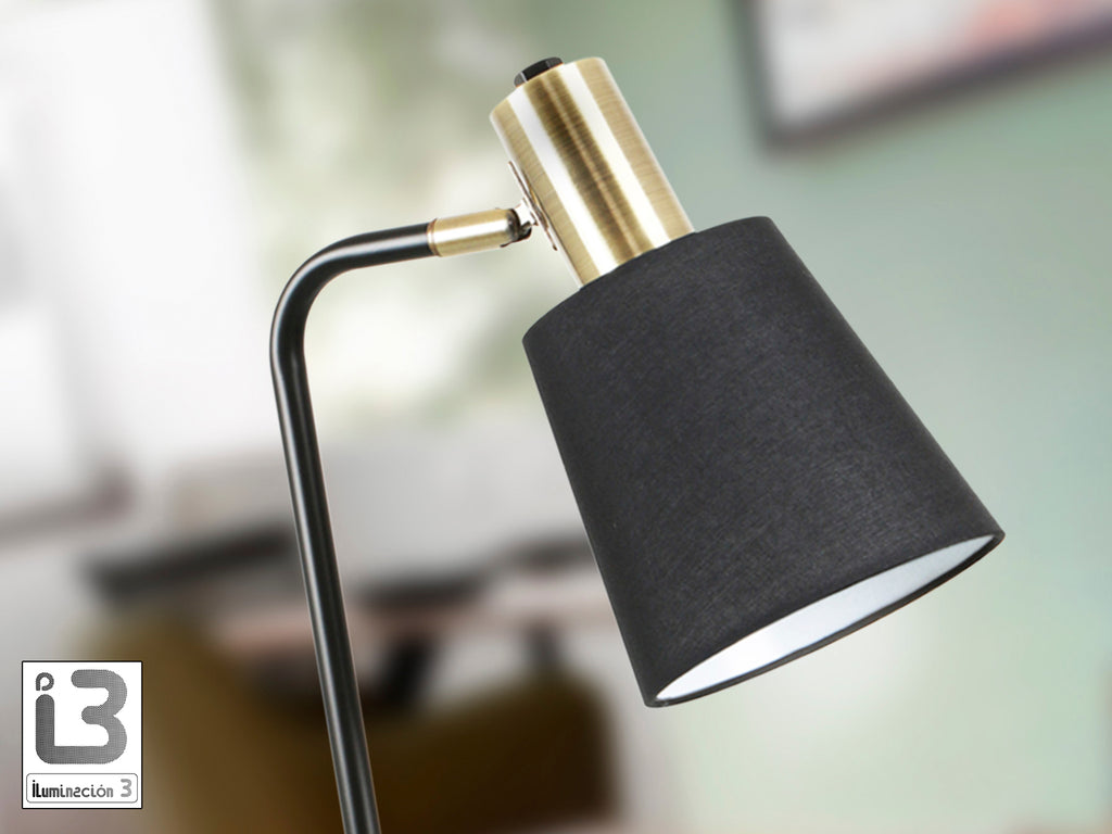 Lámpara de sobremesa Gisela negro y latón de Schuller para dormitorio o salón, diseño moderno y elegante con base de metal y pantalla textil.