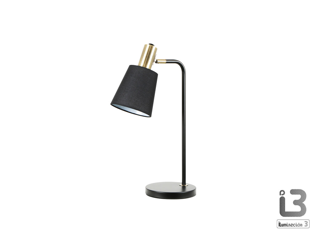 Lámpara de sobremesa Gisela negro y latón de Schuller en dormitorio moderno.