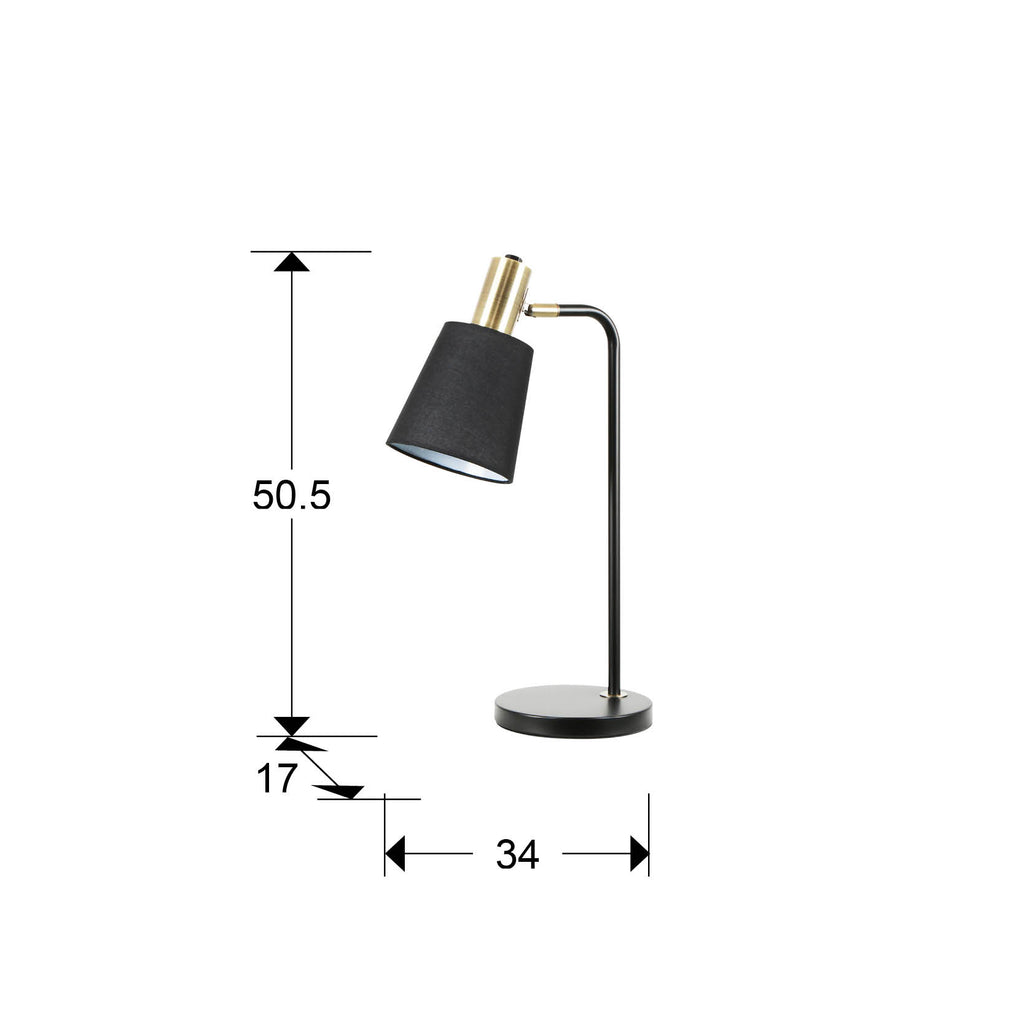 Medidas de Lámpara de sobremesa Gisela negro y latón de Schuller en dormitorio moderno, con pantalla textil elegante.