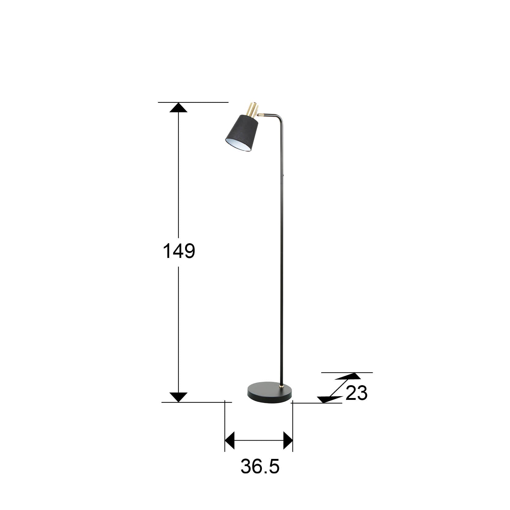 Medidas de Lámpara de pie Gisela negro y latón de Schuller en salón moderno, iluminación interior textil y metal.
