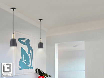 Lámpara de techo Gisela negro-latón de Schuller (12607) colgando, con detalles en latón y pantalla textil, estilo moderno, ideal para iluminación con bombilla E27.