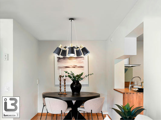 Lámpara de techo Gisela negro mate y latón de Schuller (12616) - Diseño moderno e industrial chic con detalles en latón y pantalla textil.