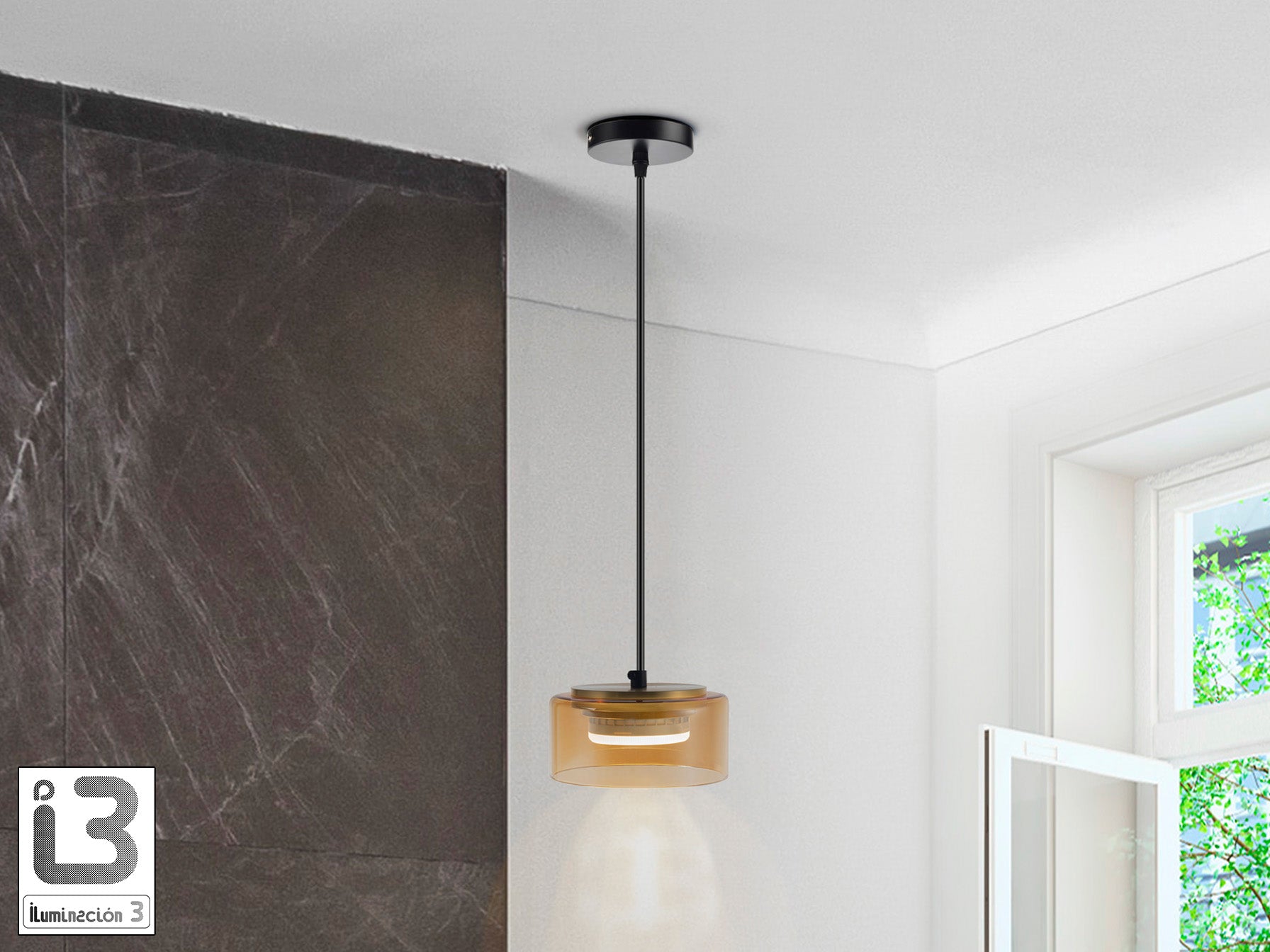 Lámpara colgante Olaia negro y ámbar de Schuller en salón: cristal y metal con estilo moderno, altura regulable.