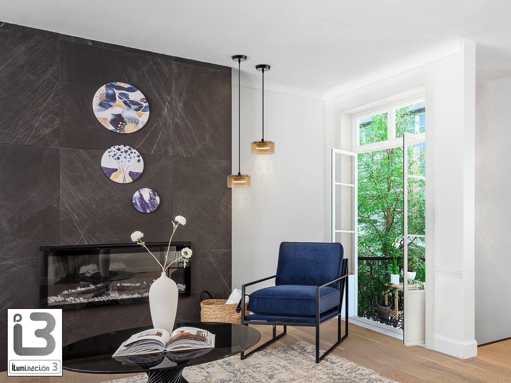 Lámpara colgante Olaia negro y ámbar de Schuller en salón, estilo moderno, con cristal y metal, regulable en altura. Colección Olaia.