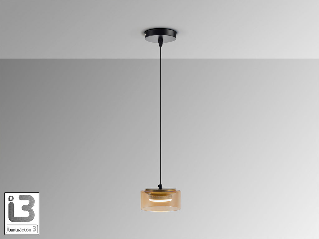 Lámpara colgante Olaia negro y ámbar de metal y cristal, regulable en altura, estilo moderno, ideal para salón. Colección Schuller 12643.