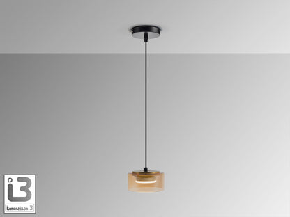 Lámpara colgante Olaia negro y ámbar de metal y cristal, regulable en altura, estilo moderno, ideal para salón. Colección Schuller 12643.