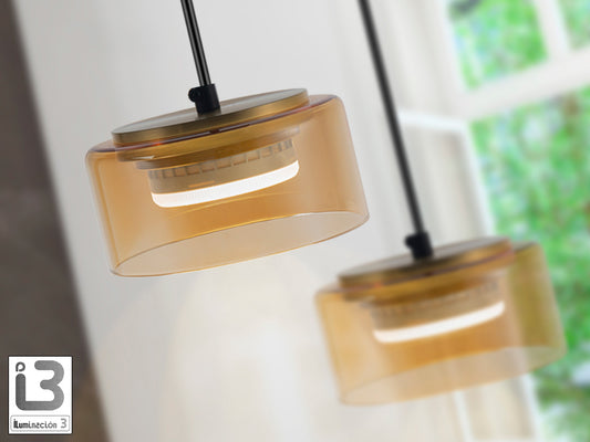 Lámpara colgante Olaia 3 luces negro ámbar de Schuller (12661) con diseño industrial moderno, cristal y metal.