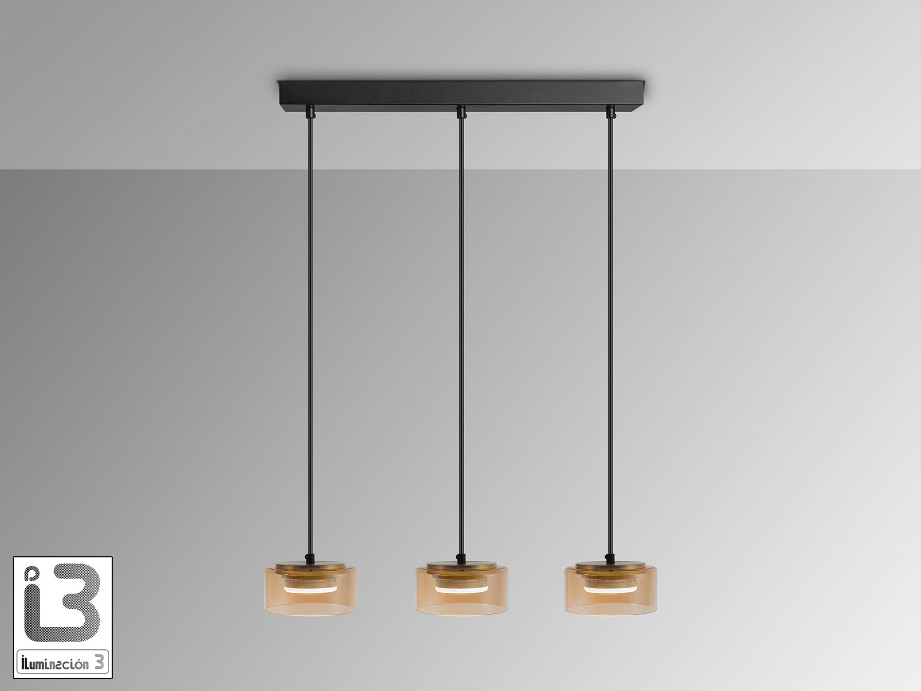 Lámpara colgante Olaia 3 luces negro y ámbar de Schuller (12661) con diseño industrial moderno, cristal y metal, ideal para iluminación decorativa.