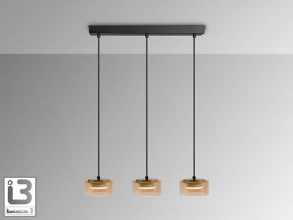 Lámpara colgante Olaia 3 luces negro y ámbar de Schuller (12661) con diseño industrial moderno, cristal y metal, ideal para iluminación decorativa.