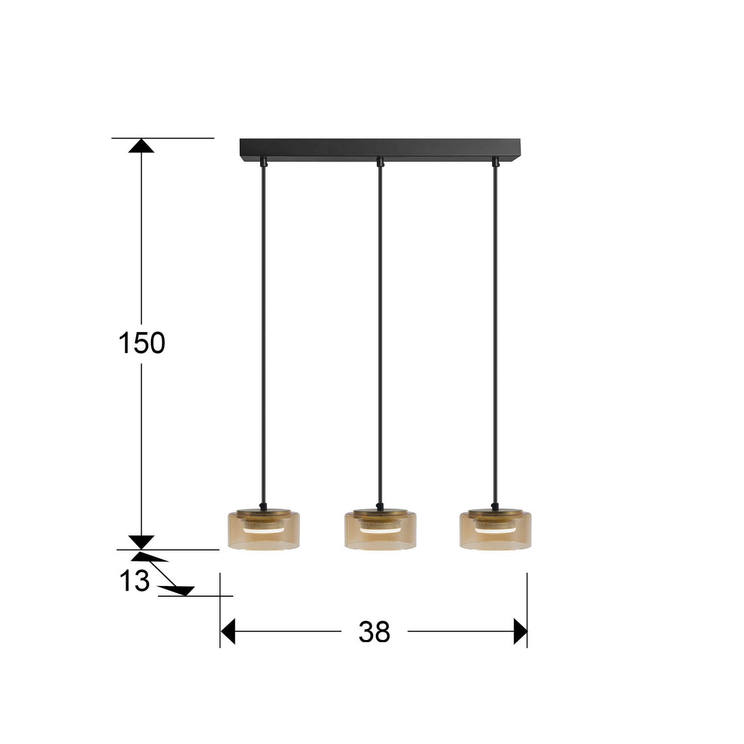 Medidas de Lámpara colgante Olaia 3 luces negro ámbar de metal y cristal, diseño industrial moderno de Schuller (12661).