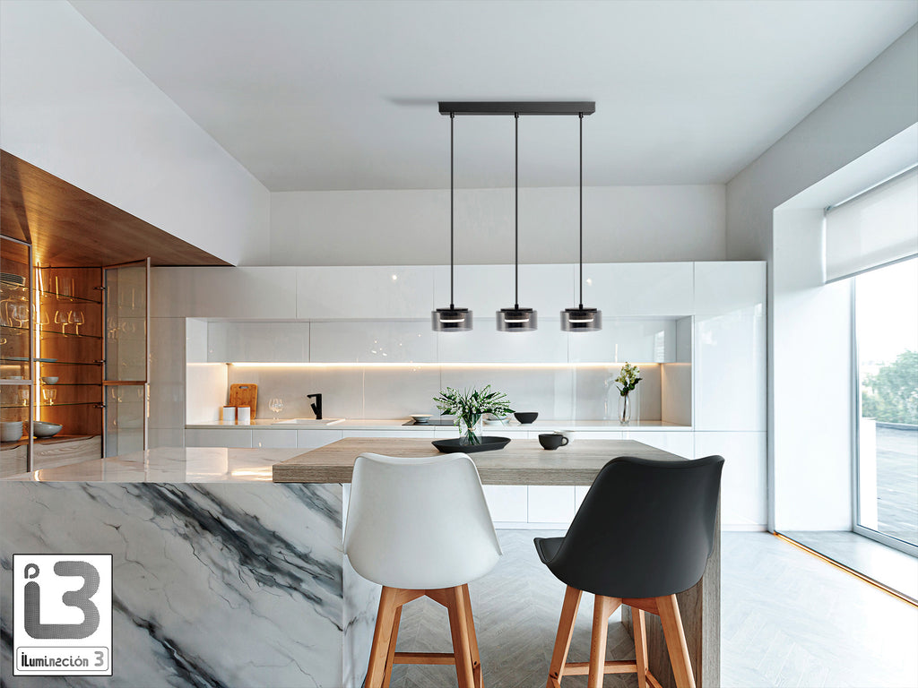 Lámpara de techo Olaia negro mate con cristal smoky para comedor o salón, diseño industrial y estilo moderno de Schuller.