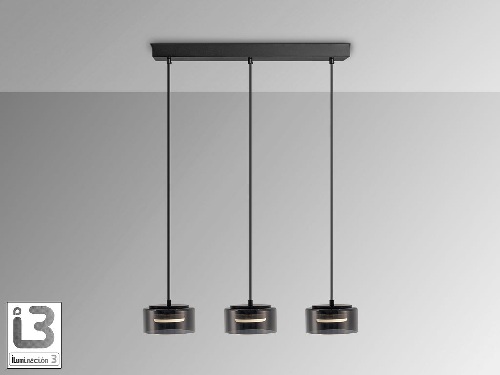 Lámpara de techo Olaia negro mate con cristal smoky, diseño moderno e industrial, ideal para comedor y salón. Schuller 12670.