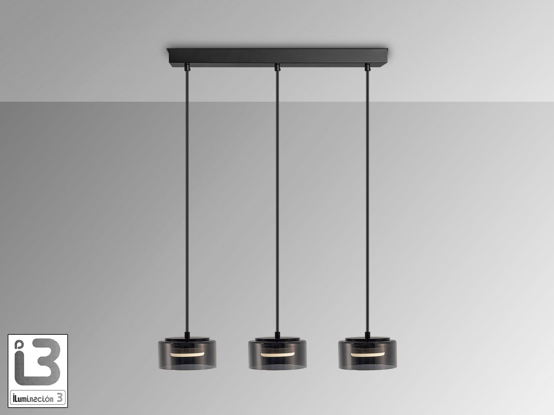 Lámpara de techo Olaia negro mate con cristal smoky, diseño moderno e industrial, ideal para comedor y salón. Schuller 12670.