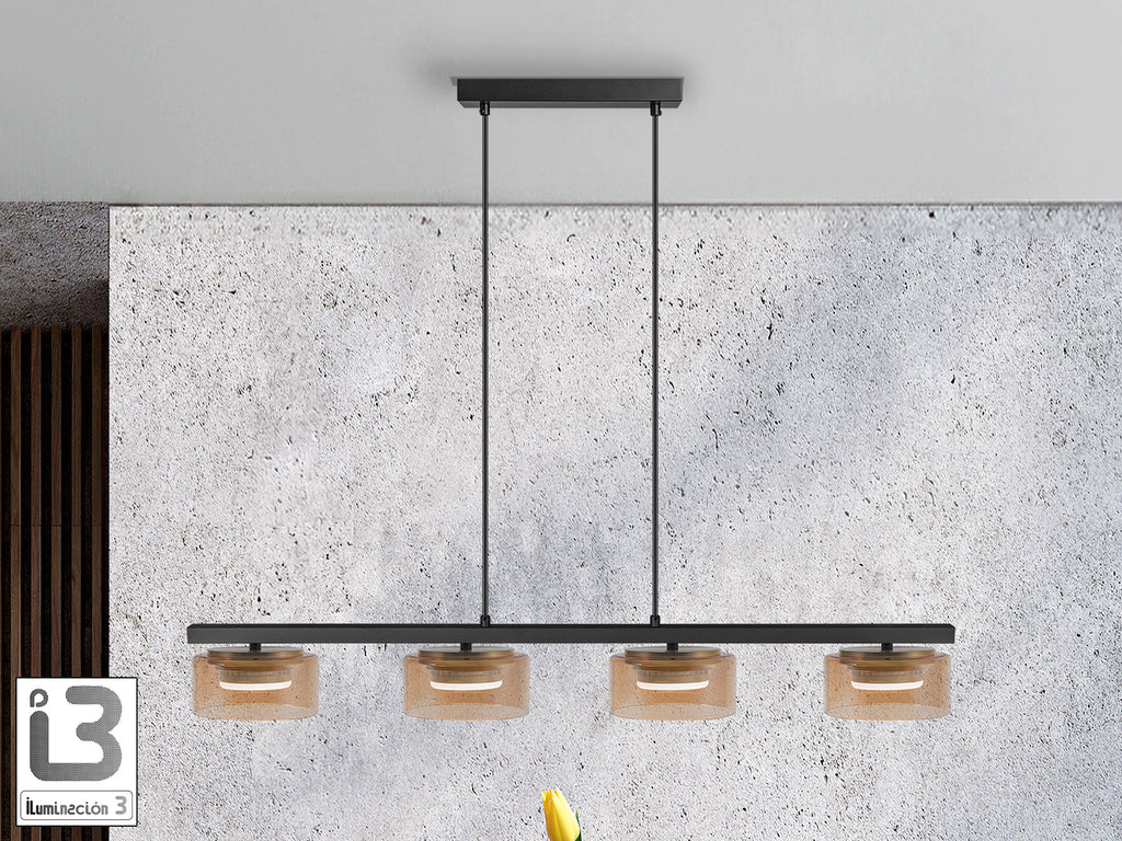 Lámpara colgante Olaia negro-ámbar de Schuller (12689) para comedor o salón, con 4 luces, diseño moderno e industrial, cristal y metal negro con detalles ámbar y oro. Regulable en altura.