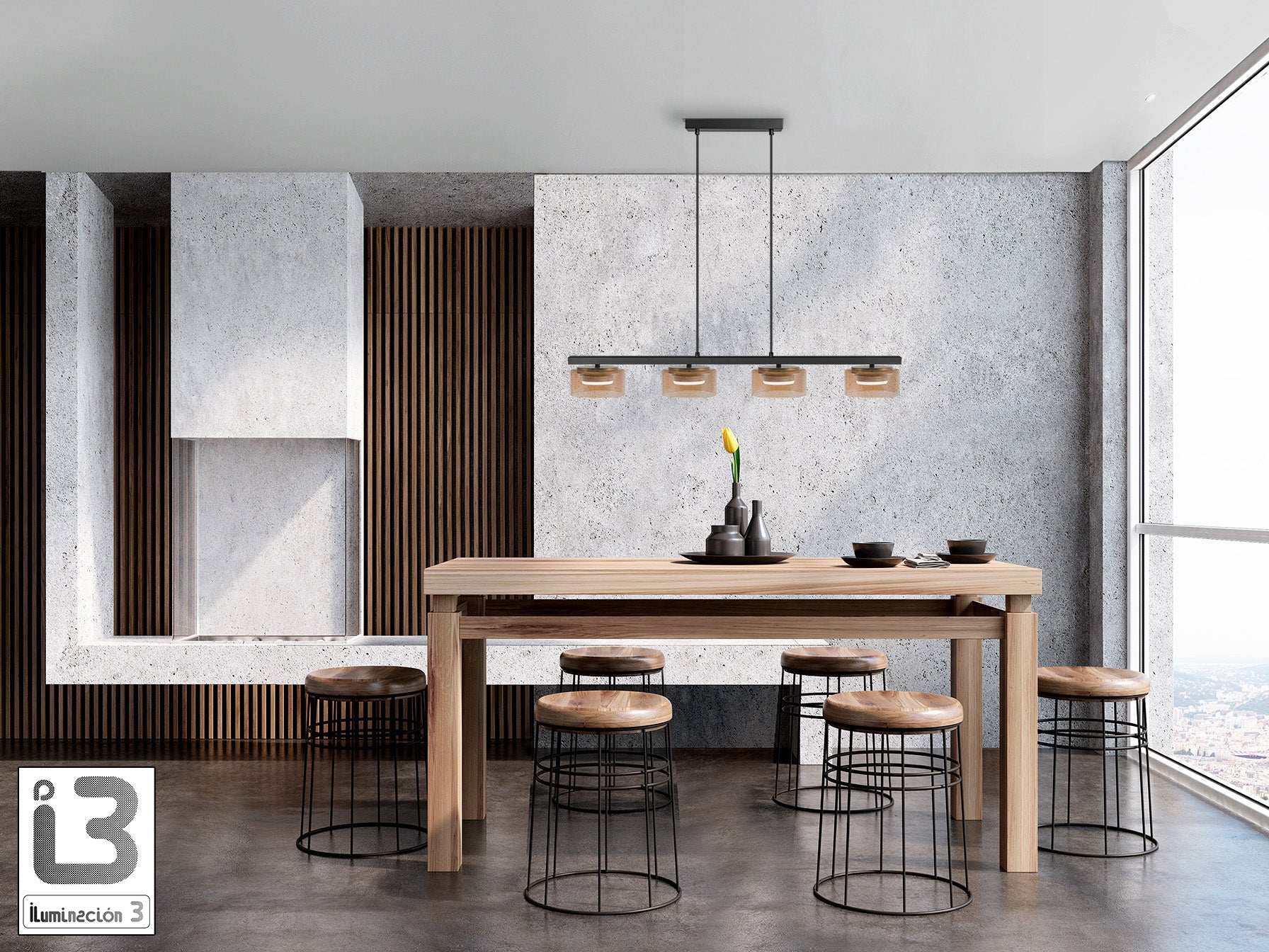 Lámpara colgante Olaia negro-ámbar de Schuller (12689) en comedor moderno con 4 luces, diseño industrial, cristal y metal, regulable en altura, ideal para salón y recibidor.