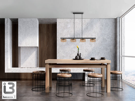 Lámpara colgante Olaia negro-ámbar de Schuller (12689) en comedor moderno con 4 luces, diseño industrial, cristal y metal, regulable en altura, ideal para salón y recibidor.