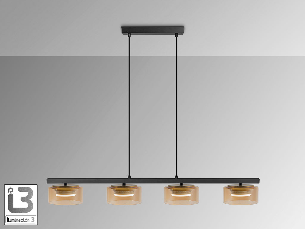 Lámpara colgante Olaia negro-ámbar de Schuller (12689) - Diseño moderno con 4 luces, ideal para comedor, salón o recibidor. Cuenta con cristal ámbar, detalles en oro, regulable en altura y estilo industrial-contemporáneo.