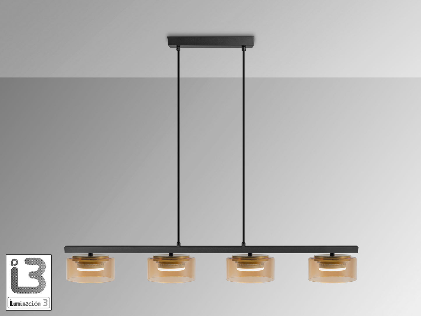 Lámpara colgante Olaia negro-ámbar de Schuller (12689) - Diseño moderno con 4 luces, ideal para comedor, salón o recibidor. Cuenta con cristal ámbar, detalles en oro, regulable en altura y estilo industrial-contemporáneo.