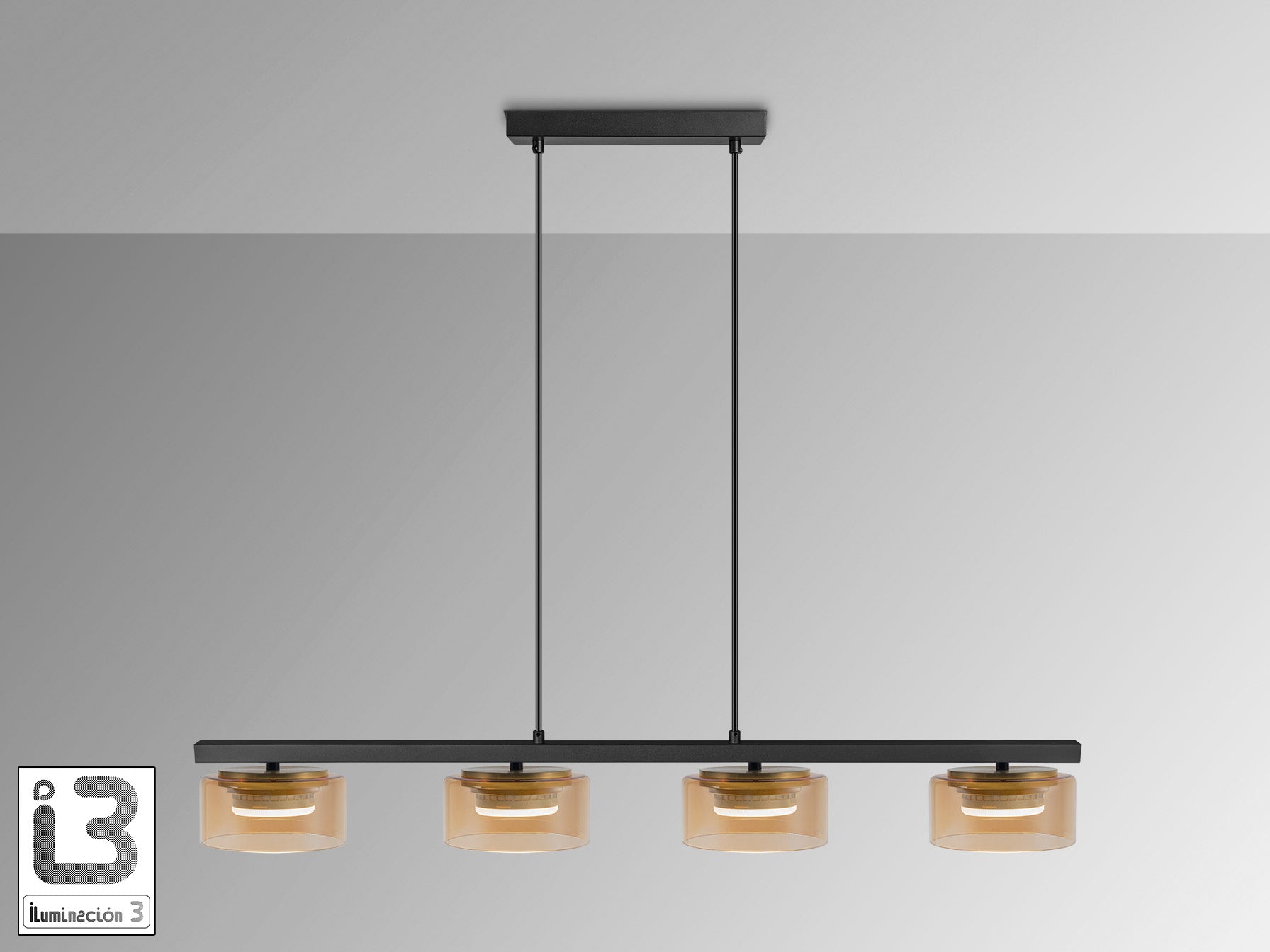 Lámpara colgante Olaia negro-ámbar de Schuller (12689) - Diseño moderno con 4 luces, ideal para comedor, salón o recibidor. Cuenta con cristal ámbar, detalles en oro, regulable en altura y estilo industrial-contemporáneo.