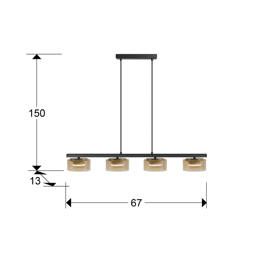 Medidas de Lámpara colgante Olaia negro-ámbar de Schuller (12689) en comedor moderno: diseño industrial con 4 luces, cristal y metal, regulable en altura, ideal para salón o recibidor.