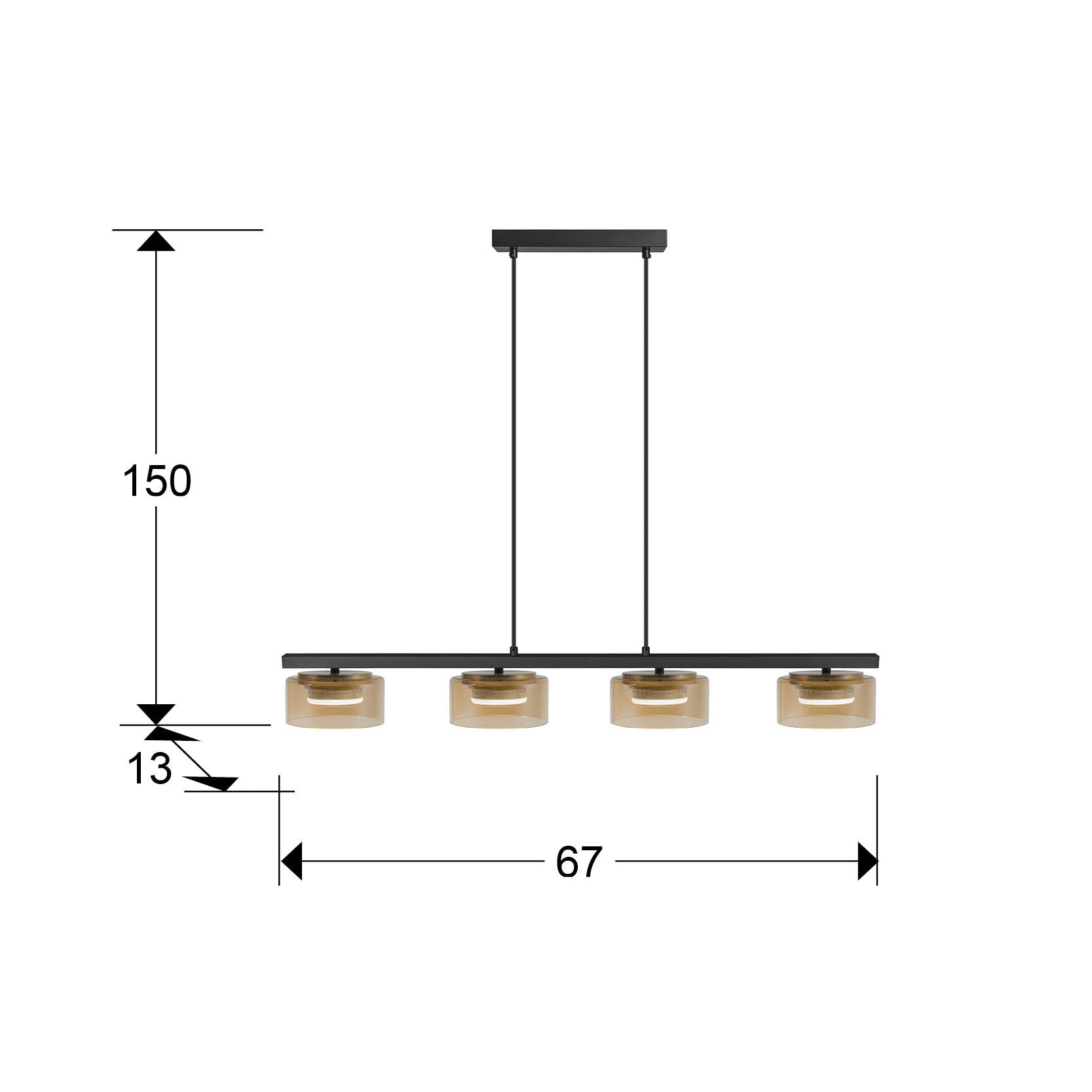 Medidas de Lámpara colgante Olaia negro-ámbar de Schuller (12689) en comedor moderno: diseño industrial con 4 luces, cristal y metal, regulable en altura, ideal para salón o recibidor.