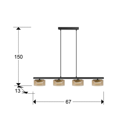 Medidas de Lámpara colgante Olaia negro-ámbar de Schuller (12689) en comedor moderno: diseño industrial con 4 luces, cristal y metal, regulable en altura, ideal para salón o recibidor.