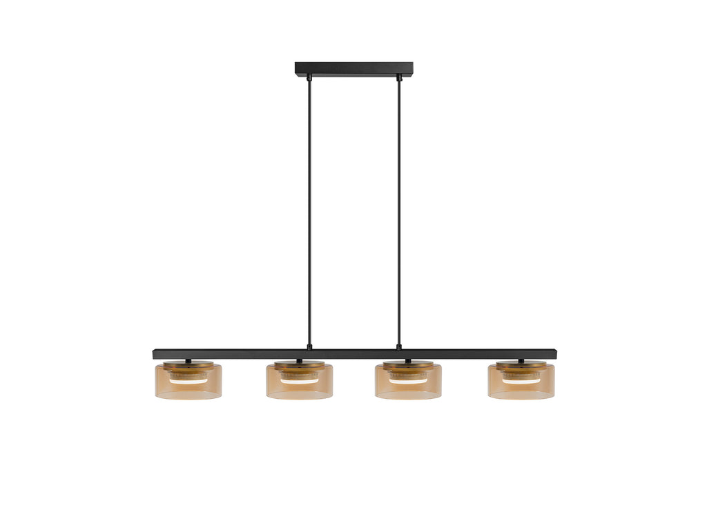 Lámpara colgante Olaia negra y ámbar de Schuller (12689) en comedor moderno: 4 luces, diseño industrial con cristal y metal, regulable en altura, ideal para salón y recibidor.